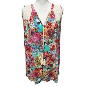 Umgee Floral Mini Dress Tunic Lace Trim Sleeveless Split Neckline w/ Tassel Sz M